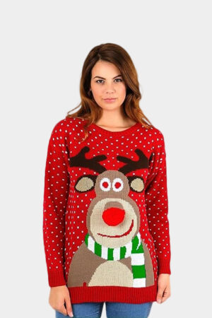 White woman wearing red colored reindeer pom pom merry Christmas snowflakes knitted Xmas Jumper, posing in grey background