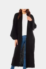 Ladies Chunky Ribbed Knitted long Cardigan with Balloon Sleeve