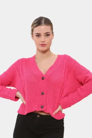 Women's Cropped Chunky Aran Cable Knitted Grandad Cardigan