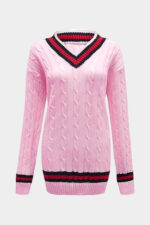 Ladies Stripe V Neck Cable Knitted Cricket Jumper