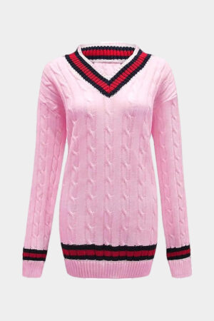 Ladies stripe V neck cable knitted cricket jumper in pink color