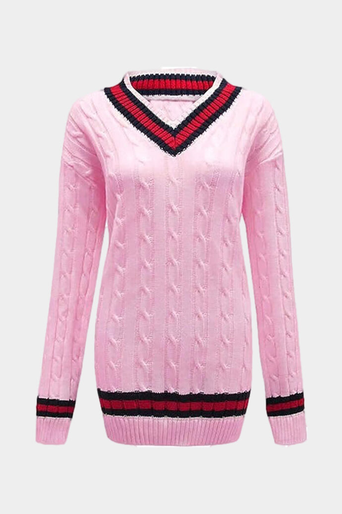 Ladies Stripe V Neck Cable Knitted Cricket Jumper