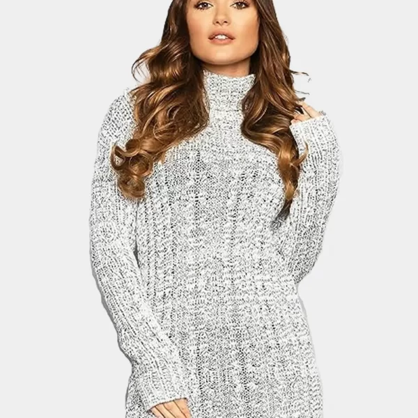 A woman wearing grey marl colored high polo neck chunky cable knitted mini tunic dress in grey background