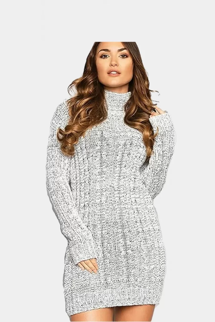 Women's High Polo Neck Chunky Cable Knitted Mini Tunic Dress - JBs 