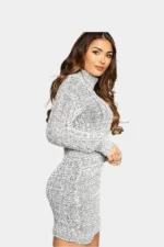 Women's High Polo Neck Chunky Cable Knitted Mini Tunic Dress
