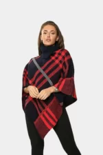 Ladies Check Printed Collared Cape Wrap Shawl Jumper