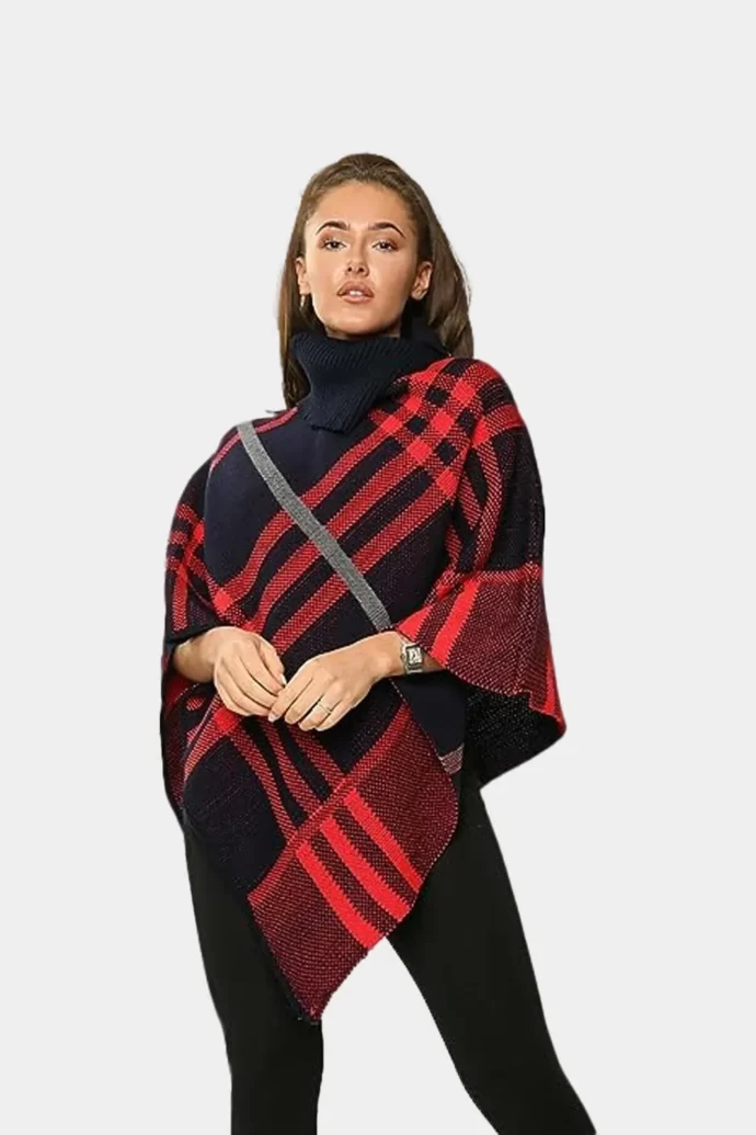 Ladies Check Printed Collared Cape Wrap Shawl Jumper