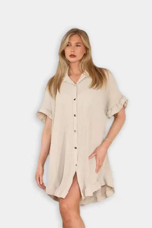 Ladies Casual Loose Fit Frill Hem Mini Button Down Summer Dress
