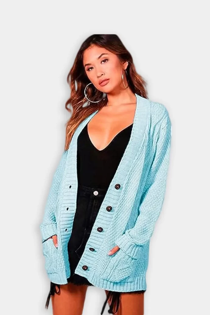 Ladies Chunky Aran Cable Knitted Grandad Button Cardigan