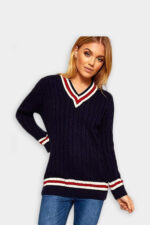 Ladies Stripe V Neck Cable Knitted Cricket Jumper