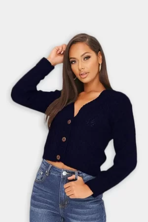 Ladies Long Sleeve 3 Button Cropped Cardigan